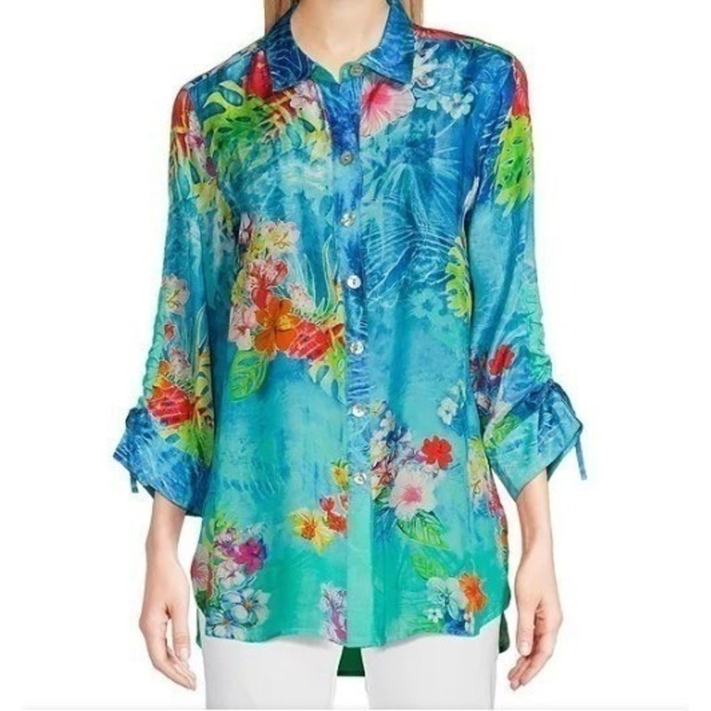 John Mark Womens‎ 3X Blue Tropical Island Print Button Front Top Shirt NWT